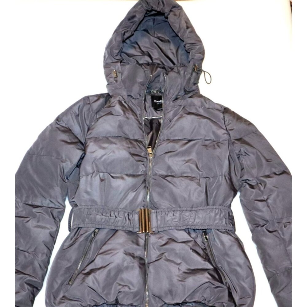 Bebe Womens Gray Puffer Belted Hooded Jacket With Zippered Pockets L Gorpcore